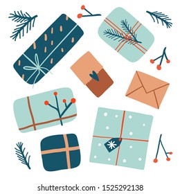 Collection with cute hand drawn gift boxes and pine tree branches. Colorful decorative doodle element set. Celebration Birthday, Holidays, Merry Christmas, New Year. Vector texture. 