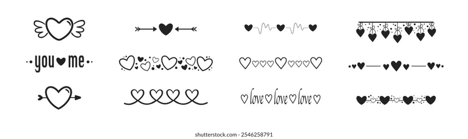 Collection of cute hand drawn heart borders. Decorative heart silhouette for wedding cards and invitations.