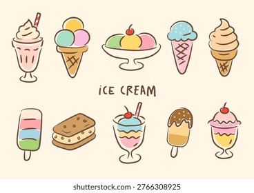 A collection of cute hand drawn ice cream illustrations in soft pastel colors. Includes cones, sundaes, popsicles, and desserts in a playful doodle style. Perfect for summer designs, kids projects, stickers, packaging, and digital backgrounds.