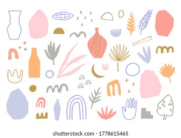 Colección de adorables ilustraciones hechas a mano. Conjunto de dibujos y modelos de diversos elementos gráficos abstractos, plantas, formas y objetos para sus diseños.
