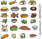 Collection of cute hand drawn Japanese food doodle illustrations featuring sushi, onigiri, nori wrapped rice snacks, ramen, takoyaki, taiyaki, mochi, rice bowl, tamagoyaki, grilled salmon sushi, dango, cake, bread, edamame, croquette, and other traditional Japanese cuisine. Perfect for menus, stickers, packaging, children
