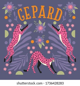 Collection of cute hand drawn pink cheetahs jumping and stretching on dark purple background with exotic plants and hand lettering. Flat vector illustration