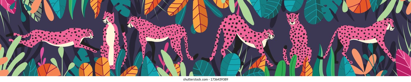 Collection of cute hand drawn pink cheetahs on dark purple tropical background, standing, stretching, running and walking with exotic plants. Flat vector illustration