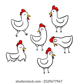 Colección de lindo dibujado a mano Ilustración simple de un pollo con líneas limpias y definidas sobre un fondo blanco