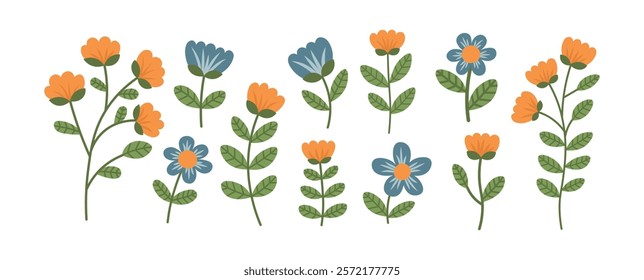 Collection of cute hand drawn spring flowers, tulips. Set of botanical floral elements and plants in flat style. Vector natural illustration.	