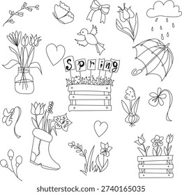 Collection of cute hand drawn spring doodle elements. Flowers, rain cloud, bird, umbrella, rubber boots, wooden box with lettering and floral decorations. Perfect for greeting cards, stickers, scrapbooking, children design, seasonal branding and printable products.