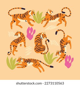 Collection of cute hand drawn tigers on light brown background, standing, sitting, running and walking with exotic plants and abstract elements. Colorful vector illustration