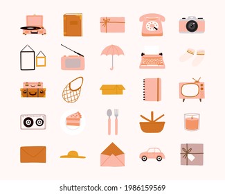 Collection of cute hand drawn vintage and retro doodle elements flat illustration