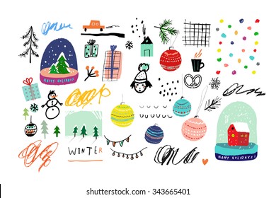 Collection of Cute hand drawn winter elements. Vector illustration. Templates for greeting scrapbooking, congratulations, invitations. Design set for winter holidays. Isolated.