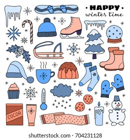 Collection of cute hand drawn winter items isolated on white background.