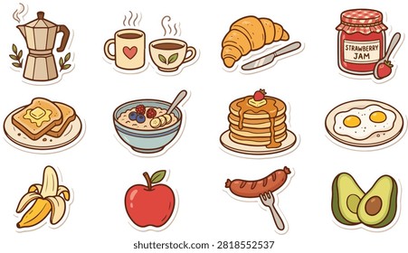 A collection of cute hand-drawn breakfast stickers featuring coffee, toast, pancakes, fruits, and various morning meal items.