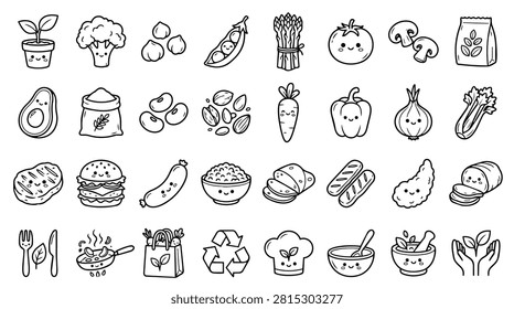 A collection of cute hand-drawn doodle icons representing various healthy foods, vegetables, kitchen utensils, and eco-friendly lifestyle elements.