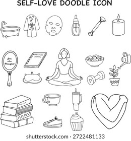Una colección de lindas ilustraciones de doodle dibujadas a mano centradas en el amor propio, la salud mental y el bienestar. Con iconos como corazones, espejos, plantas, té acogedor y símbolos de autocuidado. Perfecto para pegatinas, diarios, contenido de redes sociales y diseños de conciencia de salud mental