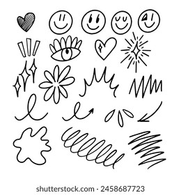 A collection of cute handdrawn doodles featuring hearts, smiley faces, flowers, stars, and arrows. The doodles include hand gestures, cartoon mammals, and happy plants