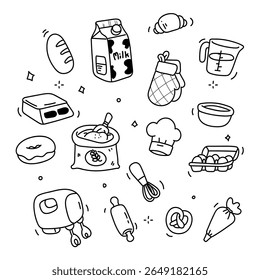 A collection of cute hand-drawn doodles featuring baking ingredients and tools like flour, eggs, milk, bread, whisk, mixer, and more. Ideal for culinary-themed stickers, coloring pages