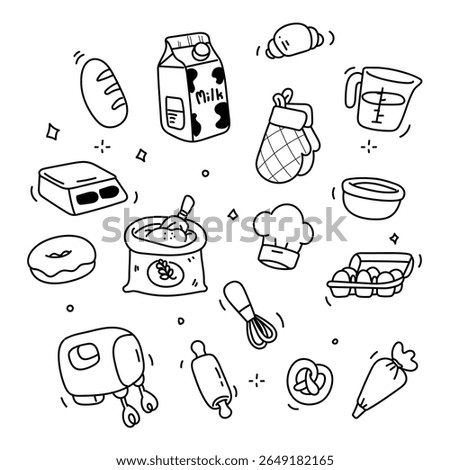 A collection of cute hand-drawn doodles featuring baking ingredients and tools like flour, eggs, milk, bread, whisk, mixer, and more. Ideal for culinary-themed stickers, coloring pages
