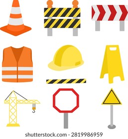 A collection of cute hand-drawn flat construction site and safety illustrations. Featuring various construction equipment, warning signs, and safety icons. Perfect for construction projects, road work, engineering, workplace safety, educational materials, websites, presentations, and graphic design projects.