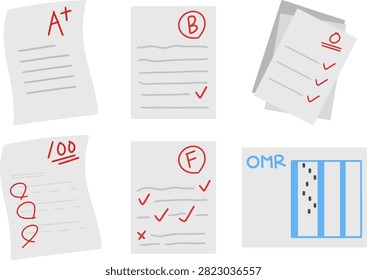 A collection of cute hand-drawn flat exam paper illustrations featuring graded tests, answer sheets, and OMR sheets. Perfect for education, schools, learning materials, websites, mobile apps, presentations, and graphic design projects.