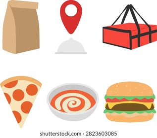 A collection of cute hand-drawn flat food delivery illustrations featuring various takeout food and delivery icons. Perfect for restaurants, food delivery services, online ordering, websites, mobile apps, menus, and graphic design projects.