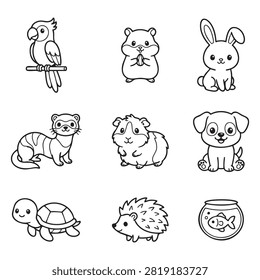 A collection of cute hand-drawn line art illustrations featuring various popular household pets, including a parrot, hamster, rabbit, ferret, guinea pig, puppy, turtle, hedgehog, and a goldfish.