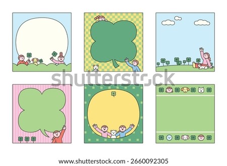 Collection of cute, hand-drawn memo pads or frames featuring children and lucky four-leaf clovers, with blank spaces for text.