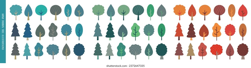 Collection of cute hand-drawn tree illustrations in various colors