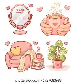 Uma coleção de ilustrações vetoriais bonitas desenhadas à mão focadas em autocuidado, saúde mental e relaxamento. O conjunto inclui um espelho com citação 'Você é o suficiente', mãos segurando uma xícara quente de café, uma poltrona acolhedora com livros e uma planta em vasos Monstera. Paleta de cores rosa pastel, perfeito para adesivos, planejadores e mídias sociais.