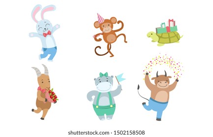 Collection of Cute Happy Animals for Happy Birthday Design, Bunny, Monkey, Turtle, Goat, Hippo, Bull, Vector Illustration