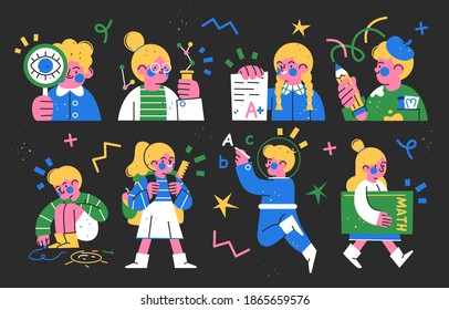 Collection of Cute happy children ready to go to school flat style vector illustration.