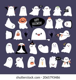 Collection of cute happy ghosts with different emotions and face expressions. White scary spirits in cartoon style. Cute baby ghosts for Halloween party