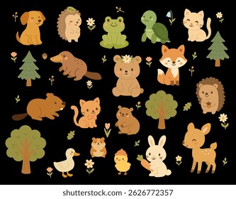 Collection cute happy little forest animal. Set of cute baby animal isolated on black background. Flat vector illustration. Deer fox frog bear chick cat rabbit and hedgehog. trees and flowers