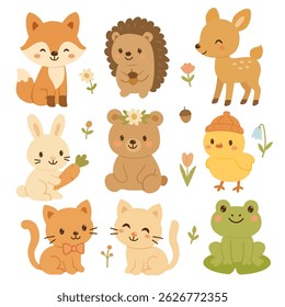 Coleção bonito feliz pequeno engraçado animal da floresta. Conjunto de bebê animal bonito isolado no fundo branco. Ilustração de vetor plano. Raposa de veado urso de rã gato de filhote coelho e ouriço