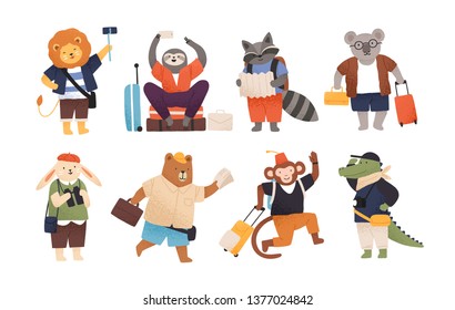 Collection of cute happy wild animals tourists or travellers. Bundle of funny amusing cartoon characters with baggage or luggage going on trip or vacation. Flat childish vector illustration.