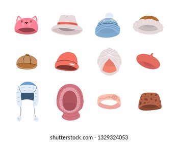 Collection of cute hats for cold winter weather such as beanie,hoodie,cap,beret,feodora and so on. Vector set in cartoon style. Isolated objects on white background.