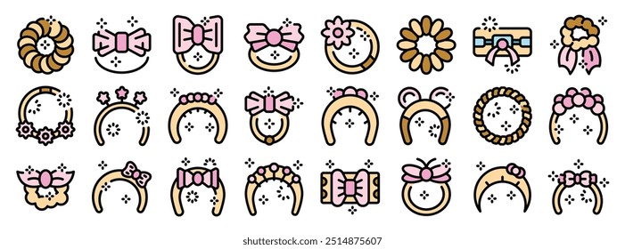 Collection of cute headbands with bows, flowers, beads and other decorations in pink, yellow and brown colors, isolated on white background