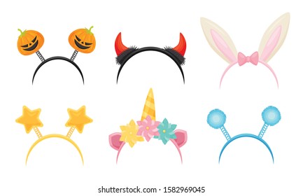 Collection of Cute Headbands for Carnival Party, Rabbit Ears, Devil and Unicorn Horns, Pumpkins, Stars and Balls on Springs Vector Illustration