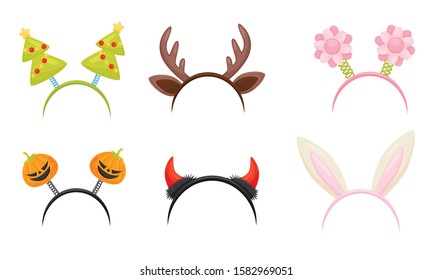Collection of Cute Headbands for Carnival Party, Rabbit Ears, Deer Antler, Fir Tree, Flower, Devil Horns Vector Illustration