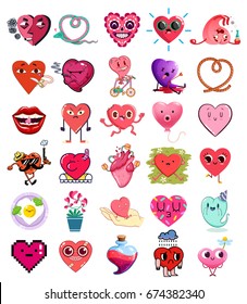 Collection of cute heart character stickers, badges. Vector illustration