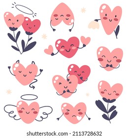 Colección de corazones bonitos con emociones. Aislamientos vectoriales para el día de San Valentín.