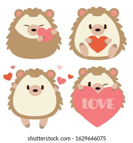 The collection of cute hedgehog with heart in flat vector style. Graphic resource about love and valentin's day