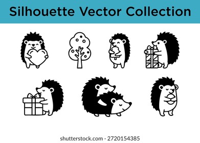 Collection of cute hedgehog silhouettes isolated on white background