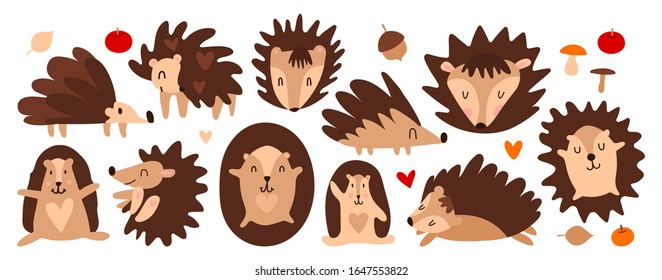 Collection of cute hedgehogs in scandinavian style. Printing on children's textiles, decorating a children's room, designing goods for children. Vector illustration of funny cartoon hedgehogs set