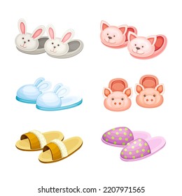 Collection of cute home footwear. Soft fluffy comfortable shoes. Footwear with oig, rabbit, cat animal head cartoon vector illustration