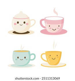 Collection of Cute Hot Tea Coffee Drink Character in Pastel Cup Mug
