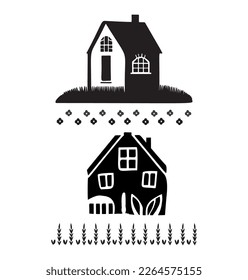 Kollektion von süßem Haus-Illustrationssatz. Vektor-Reihe von Dorfgebäuden im rustikalen häuslichen Stil. 