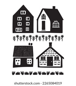 Collection of cute house illustration set. Vector set of village buildings in rustic homestead style. 