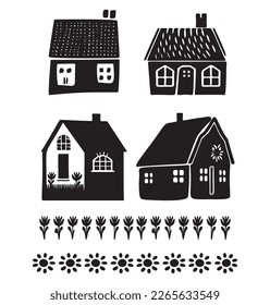 Collection of cute house illustration set. Vector set of village buildings in rustic homestead style. 