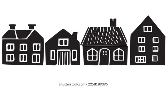 Collection of cute house illustrations. Vector set of village buildings in rustic homestead style. 