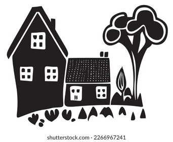 Collection of cute house illustrations. Vector set of village buildings in rustic homestead style. 