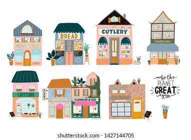 Collection of cute house, shop, store, cafe and restaurant isolated on white background. Flat vector illustration in trendy scandinavian style. Hand drawn. European city